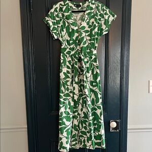 Green and White Print Button-Front Dress